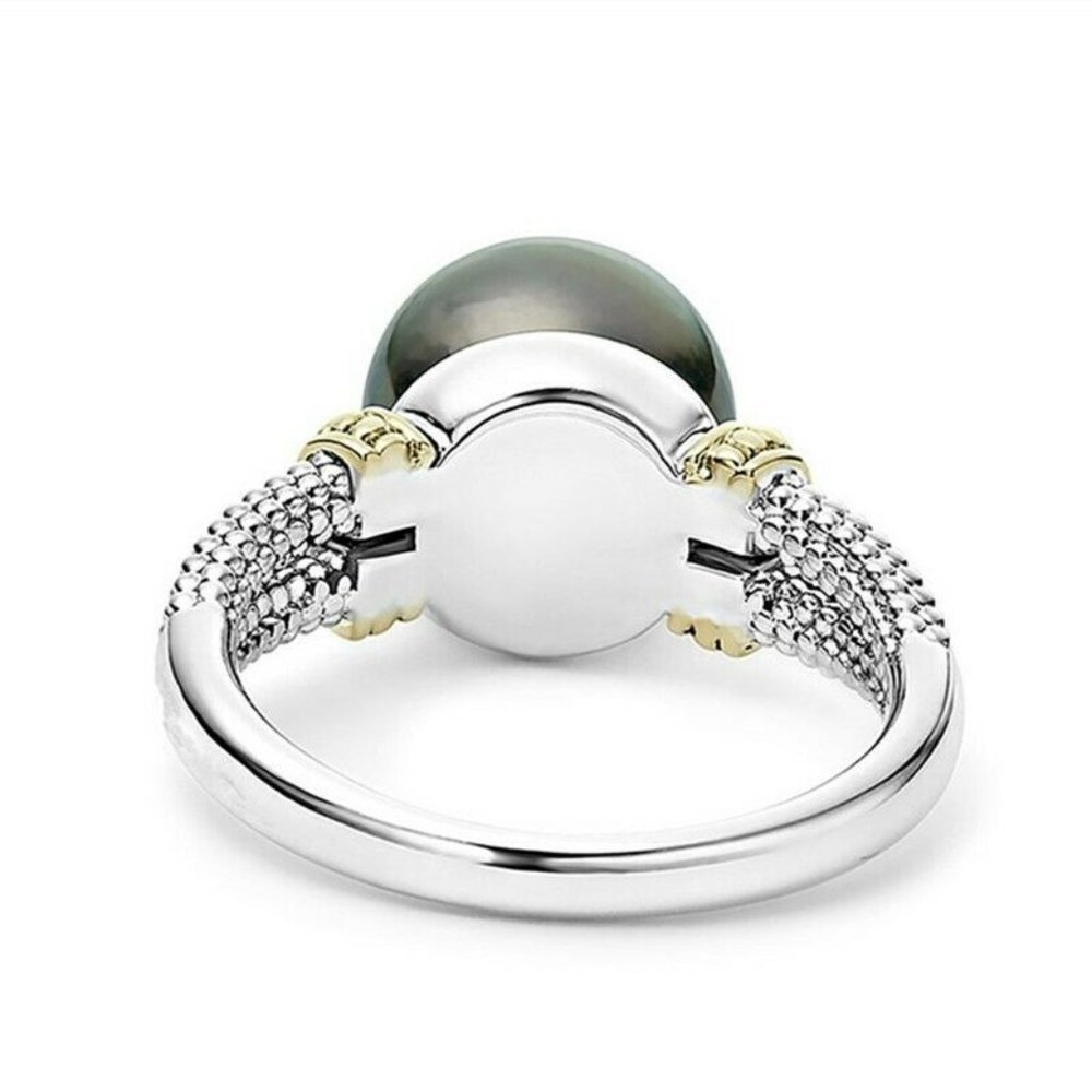 New Beautiful Two-Tone Gold/925 Silver Cultured Black Pearl Ring - Picture 4 of 5